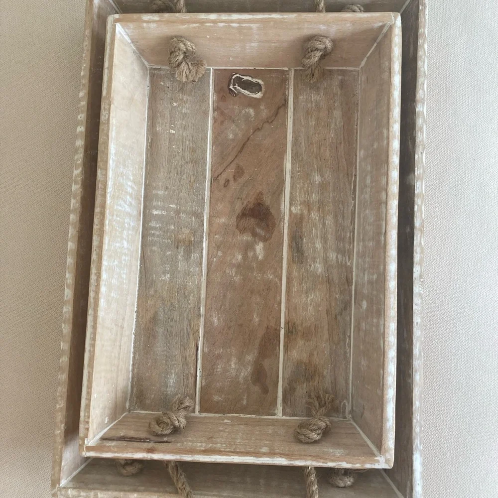 2 Solid Wood Rustic Wooden Tray Set With Rope Handles Beach Decor Farmhouse Boho